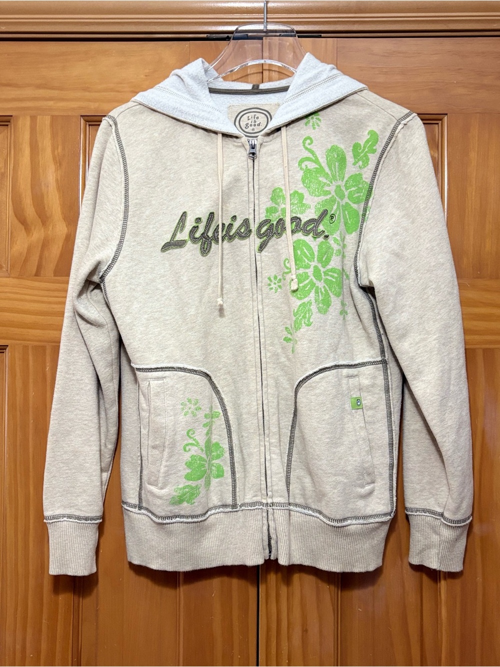 Life Is Good Tan Zip Hoodie with Lime Green Floral Print Size Medium EUC